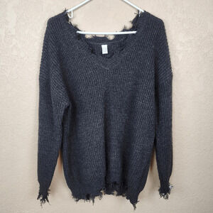 CY Fashions Black V Neck Sweater with Distressed Neckline and Hem Large (3559)